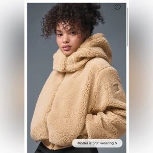 Alo Yoga Foxy Sherpa Hooded Jacket XS Teddy Fleece Zip Tan Cozy Athleisure